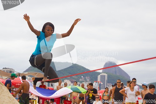 Image of Slackline on Copacabana beach, Rio de Janeiro