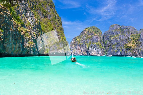 Image of Wooden boat in Maya bay, Thailand.