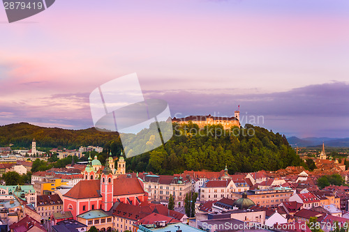 Image of Panorama of Ljubljana at dusk.