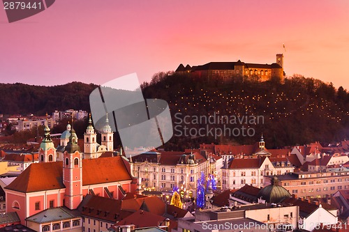Image of Panorama of Ljubljana at dusk.