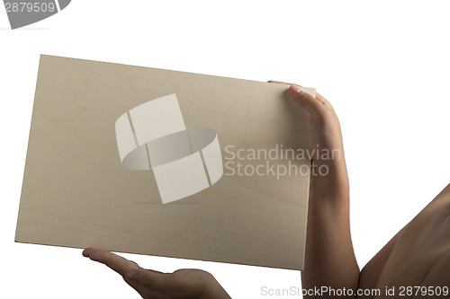 Image of Plywood sign held up by young hands