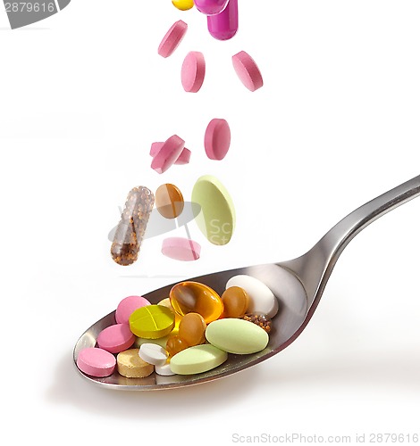 Image of various pills falling into spoon