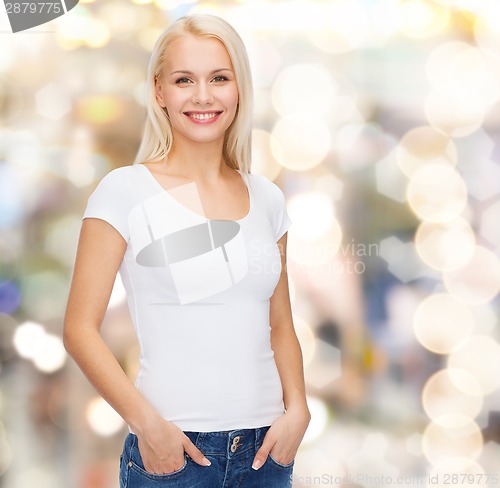 Image of smiling woman in blank white t-shirt