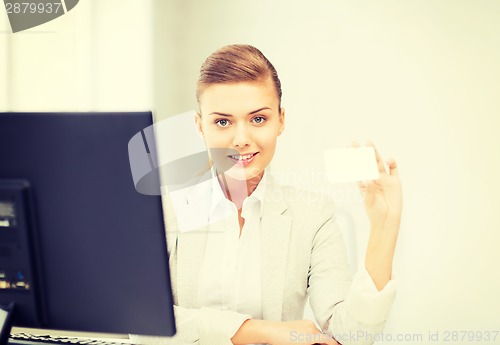 Image of woman with blank business card