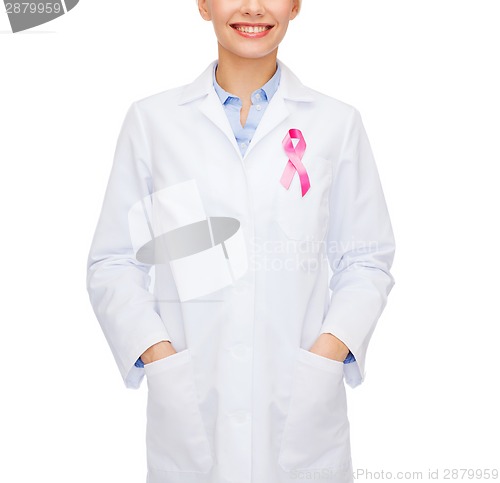 Image of female doctor with breast cancer awareness ribbon