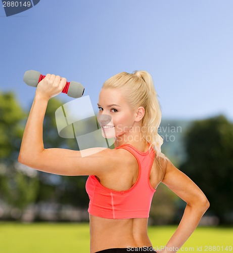 Image of young sporty woman with light dumbbell