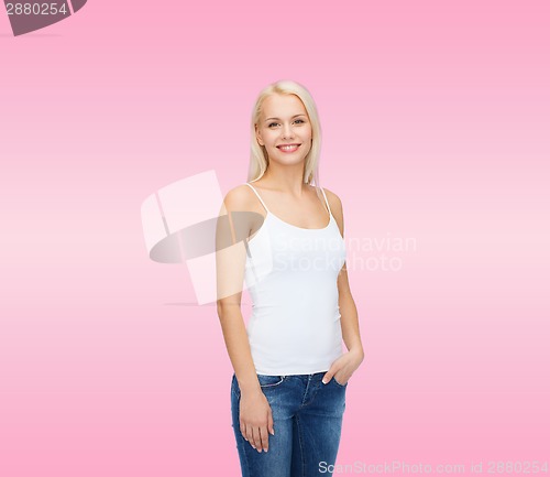Image of smiling woman in blank white t-shirt