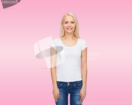 Image of smiling woman in blank white t-shirt