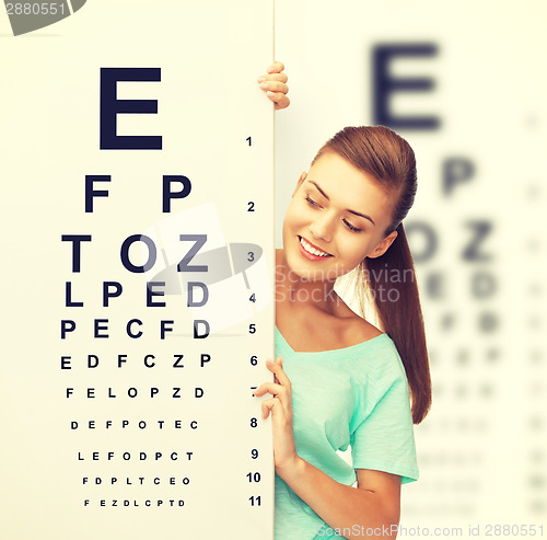 Image of woman in eyeglasses with eye chart