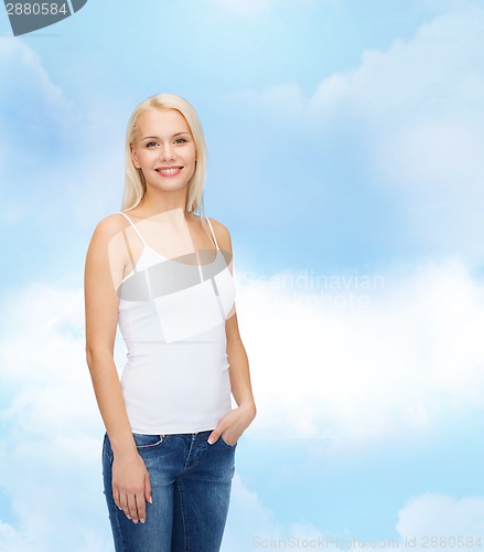 Image of smiling woman in blank white t-shirt