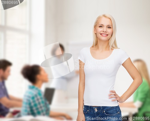 Image of smiling woman in blank white t-shirt