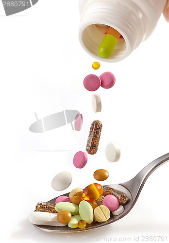 Image of various pills falling into spoon