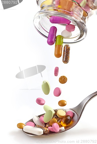Image of medical pills falling in spoon