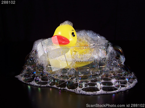 Image of Yellow Rubber Duck In A Small Bubble Bath