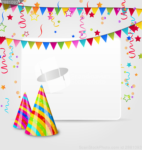 Image of Celebration card with party hats, confetti and hanging flags