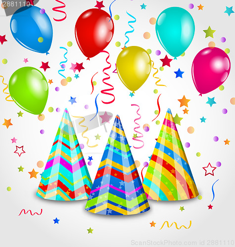 Image of Holiday background with party hats, colorful balloons, confetti