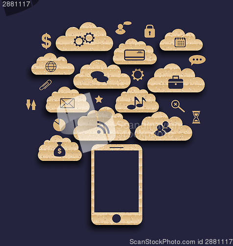 Image of Smart device with cloud of application icons, business infograph