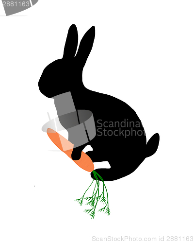 Image of The black silhouette of a bunny with carrot on white