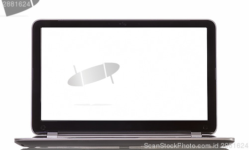 Image of front view of laptop with blank white screen on white