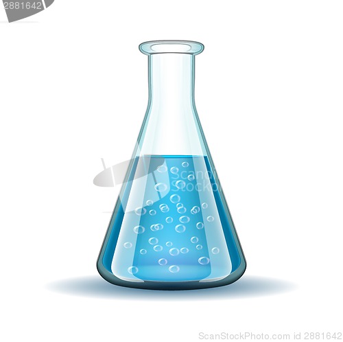 Image of Chemical laboratory transparent flask with blue liquid