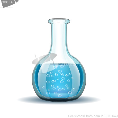 Image of Chemical laboratory transparent flask with blue liquid