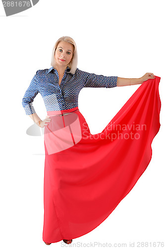 Image of The beautiful blonde in a red skirt