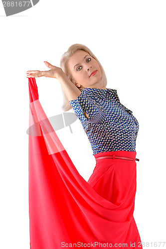 Image of The beautiful blonde in a red skirt