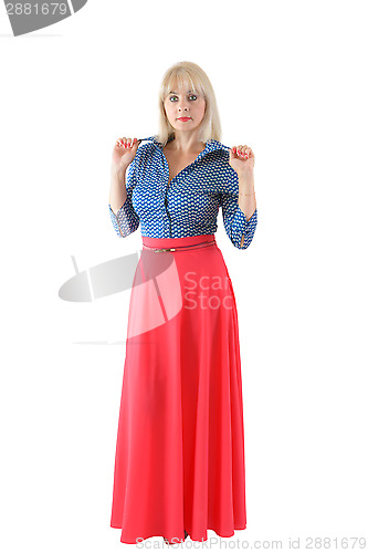 Image of The beautiful blonde in a red skirt