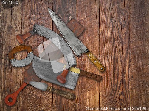 Image of vintage kitchen knives  collage over old wood