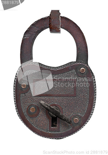 Image of vintage copper padlock with key