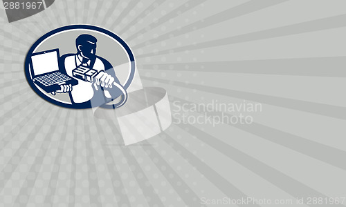 Image of Business card Computer Technician Holding Laptop Cable Retro