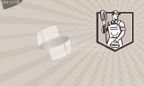 Image of Business card Janitor Cleaner Holding Mop Bucket Shield Retro
