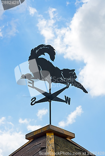 Image of Weather vane on background of blue sky and clouds.