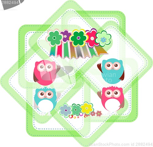 Image of cartoon owls, flowers, holiday invitation card