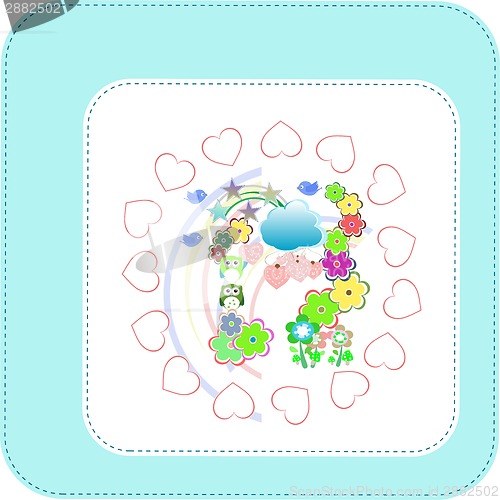 Image of Background with owls family in flowers and love hearts