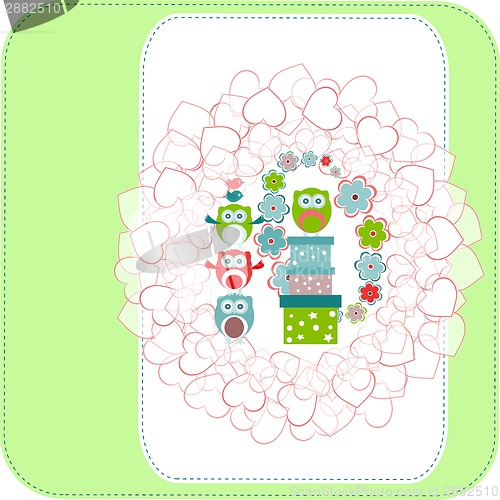 Image of Background with flower, owls and gift boxes