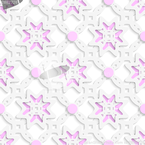 Image of White perforated ornament layered with pink dots seamless