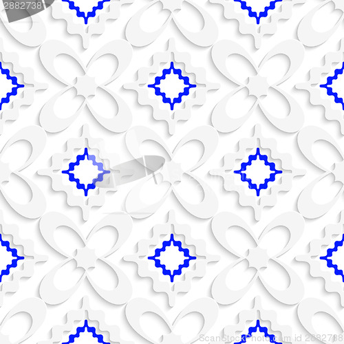 Image of Diagonal white and blue wavy squares and flowers pattern