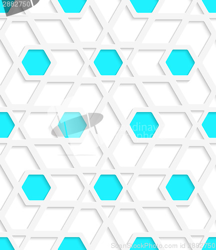 Image of White geometrical detailed with blue hexagons gray seamless patt