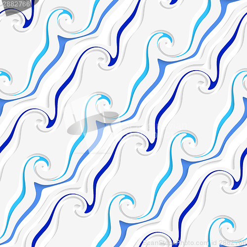Image of White curved lines and swirls perforated blue striped seamless