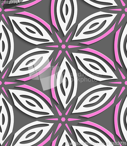 Image of White geometrical flowers with pink stars on gray seamless patte