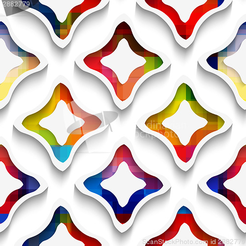 Image of White wavy rectangles with rainbow and white inside seamless pat