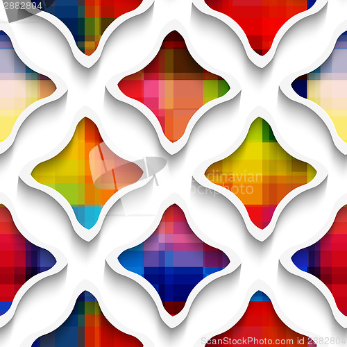 Image of White wavy rectangles with rainbow on white seamless pattern