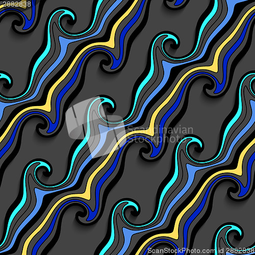 Image of Black sea wave lines with blue and yellow seamless