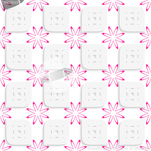 Image of White geometrical perforated leaves and pink flowers seamless