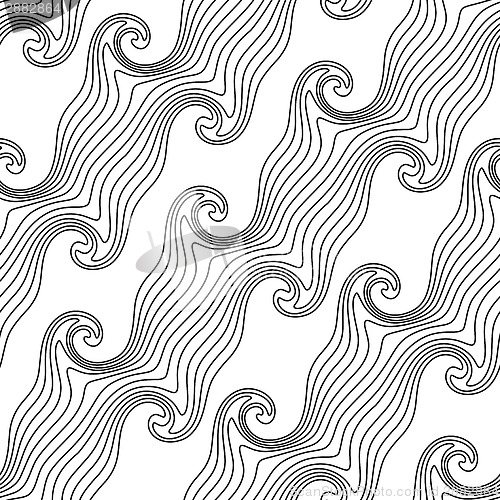 Image of Black and white diagonal wavy lines with swirls