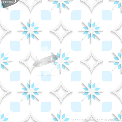 Image of White pointy rhombuses with blue and white snowflakes seamless