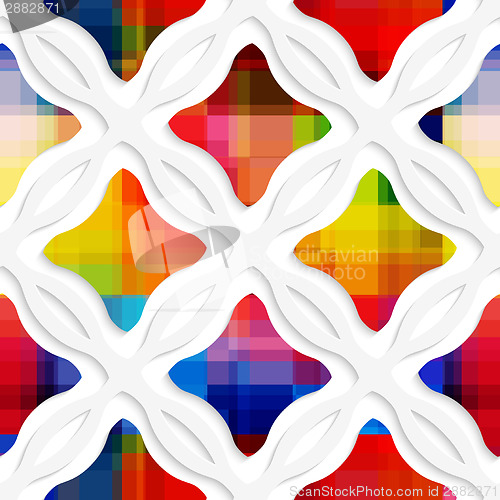 Image of White wavy rectangles with rainbow and white net seamless patter