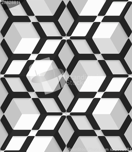 Image of White 3d cubes with hexagonal net on seamless pattern