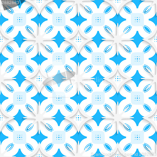 Image of Blue ornament and white snowflakes seamless